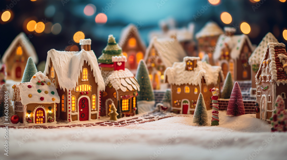Christmas gingerbread houses and village close up shot of decorated gingerbread cookies Christmas gingerbread houses and village close up shot of decorated gingerbread cookies