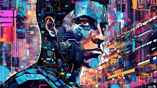 Portrait of a man in Artificial intelligence. Fantasy concept , Illustration painting.
