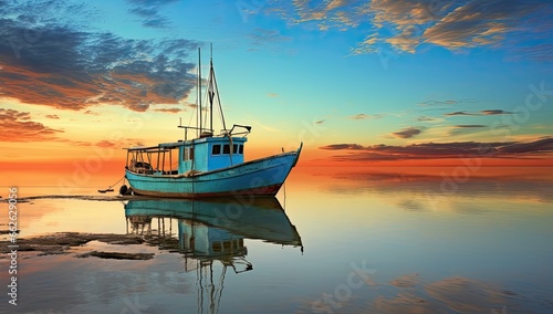 fishing boat at sunset with calm turquoise blue turquoise sky