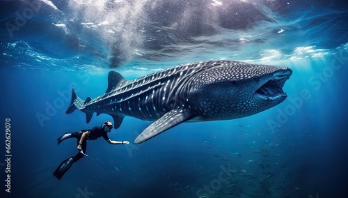 man scuba diving with whale shark underwater