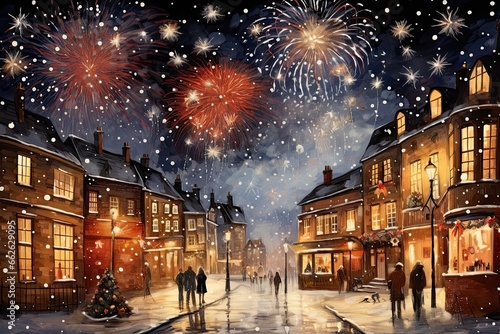 new years eve painting on a christmas scene with fireworks