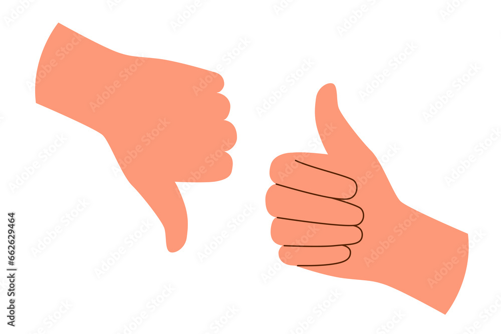 Human hands showing thumbs up and down on white background