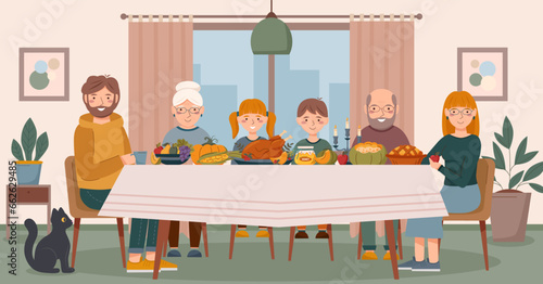 Big family is having dinner at the table. Family concept, Thanksgiving concept, Christmas concept.	
