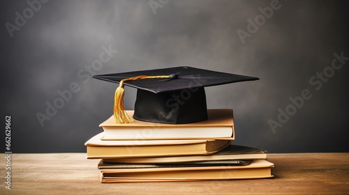 Graduation hat with books and diploma on table against white background