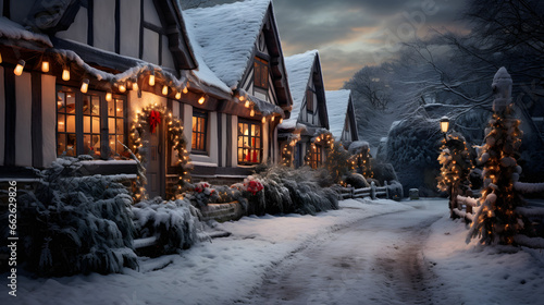 Snowy pathway in festive vintage village for Christmas