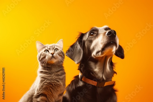 a dog with a cat on a yellow background. Pet concept. generative ai. photo