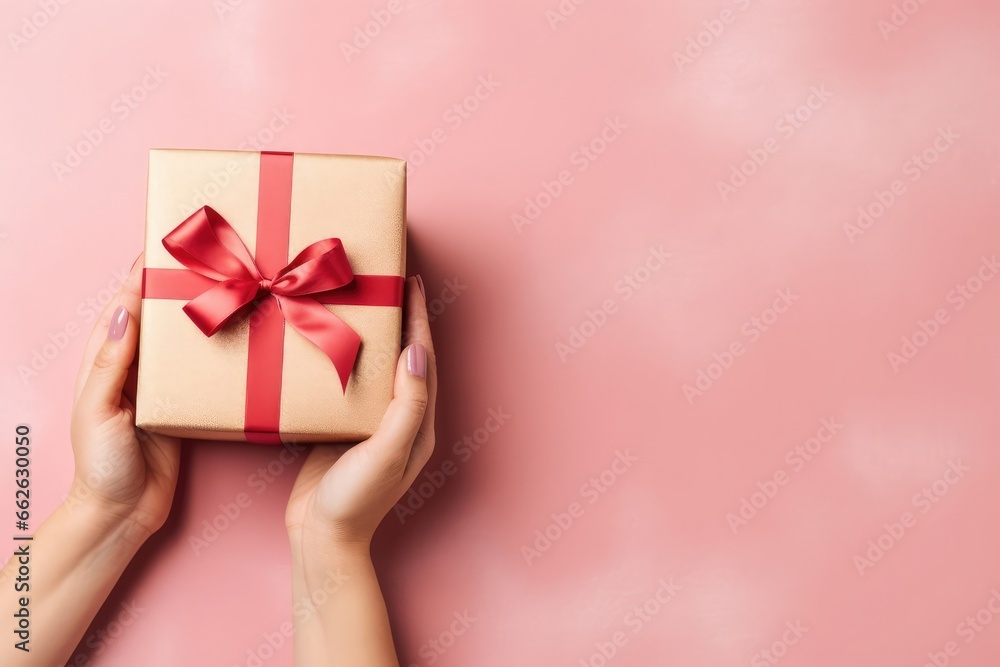 Top view of female's hands holding gift box with red ribbon on pastel pink festive background Top view of female's hands holding gift box with red ribbon on pastel pink festive background