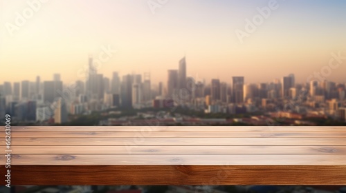 Wooden table top On a blurred cityscape background for displaying or editing products