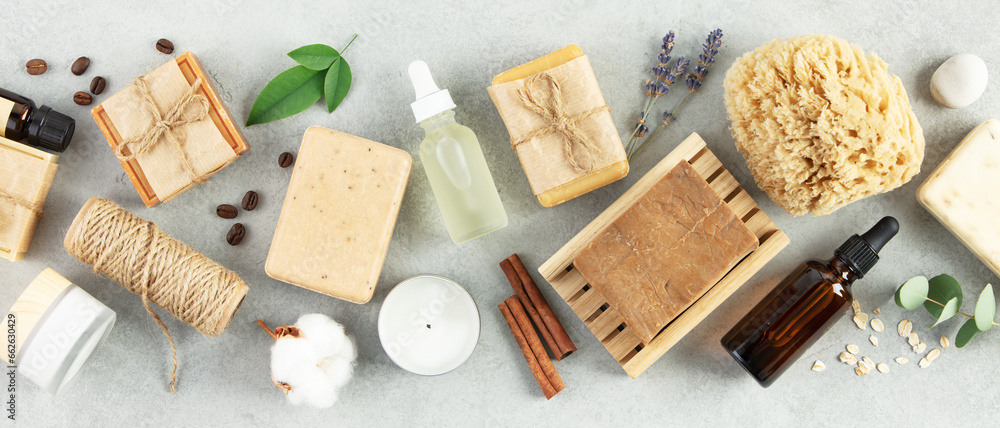Top view photo of natural hand made soap bar and eco friendly personal care products - obrazy, fototapety, plakaty 