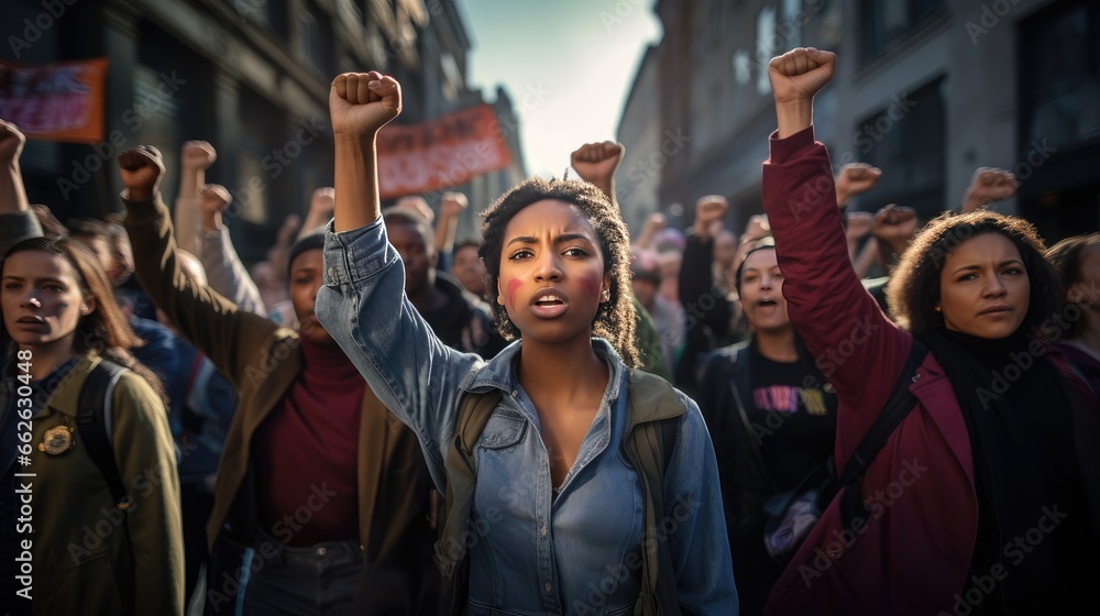 Fototapeta premium City Rally for Change - Activist's Voice Echoing Through the Streets!