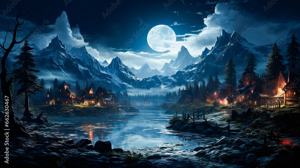 Image of night scene with mountains and lake.