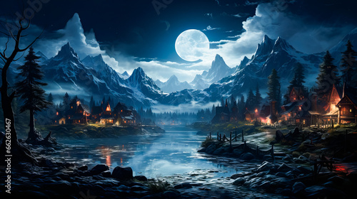 Image of night scene with mountains and lake. © valentyn640