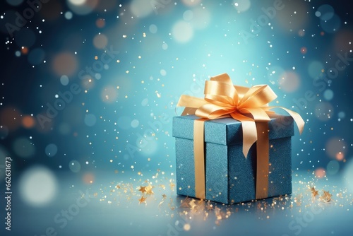 Blue gift box with golden ribbon on a festive sparkle blurred bokeh Christmas background © stopabox