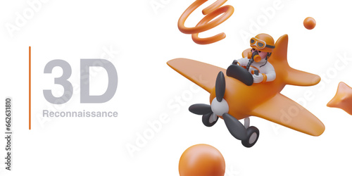Concept of aerial reconnaissance. 3D orange airplane with pilot, place for text. Color template in cartoon style. Illustration for gaming, esports. Strategies, battles