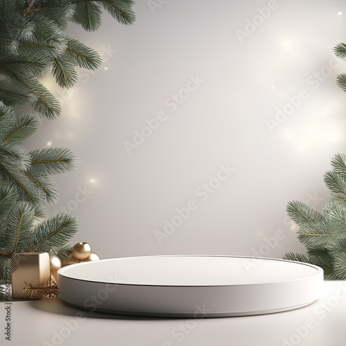 Simple round podium with fir trees on background