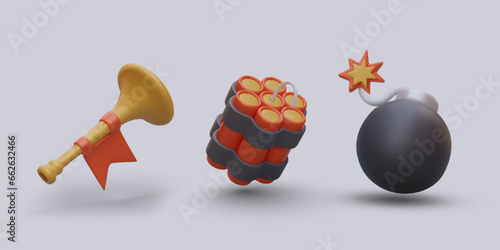 Game icons set. Realistic trumpet with red flag, dynamite, round bomb with burning cord. Warning of danger, attack. Vector 3D color images in cartoon style