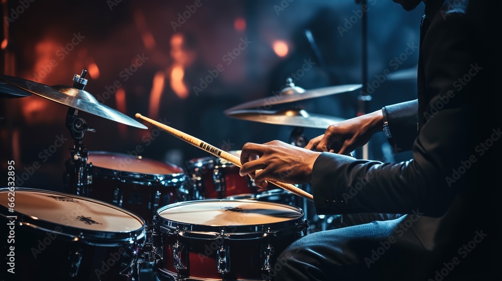 A musician holding a drum stick is playing a song. Music program. Concert stage background. - obrazy, fototapety, plakaty 