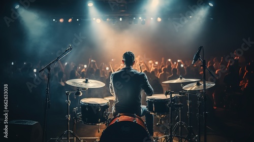 A musician holding a drum stick is playing a song. Music program. Concert stage background. © Phoophinyo