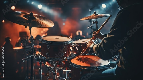 A musician holding a drum stick is playing a song. Music program. Concert stage background.