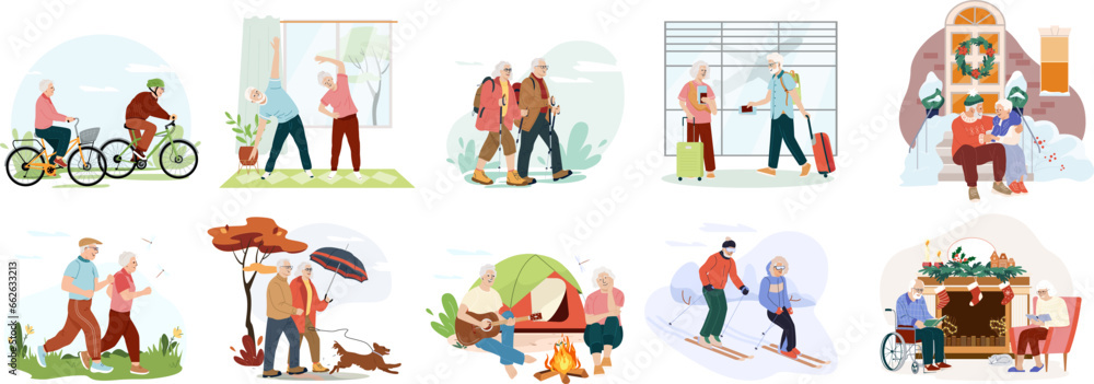 Obraz premium Vector collection elderly couples Set of seniors men and women spend time together at different season relaxing in tent in nature, walking dog, skiing. Old man in a wheelchair reads book with his wife