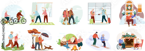 Vector collection elderly couples Set of seniors men and women spend time together at different season relaxing in tent in nature, walking dog, skiing. Old man in a wheelchair reads book with his wife