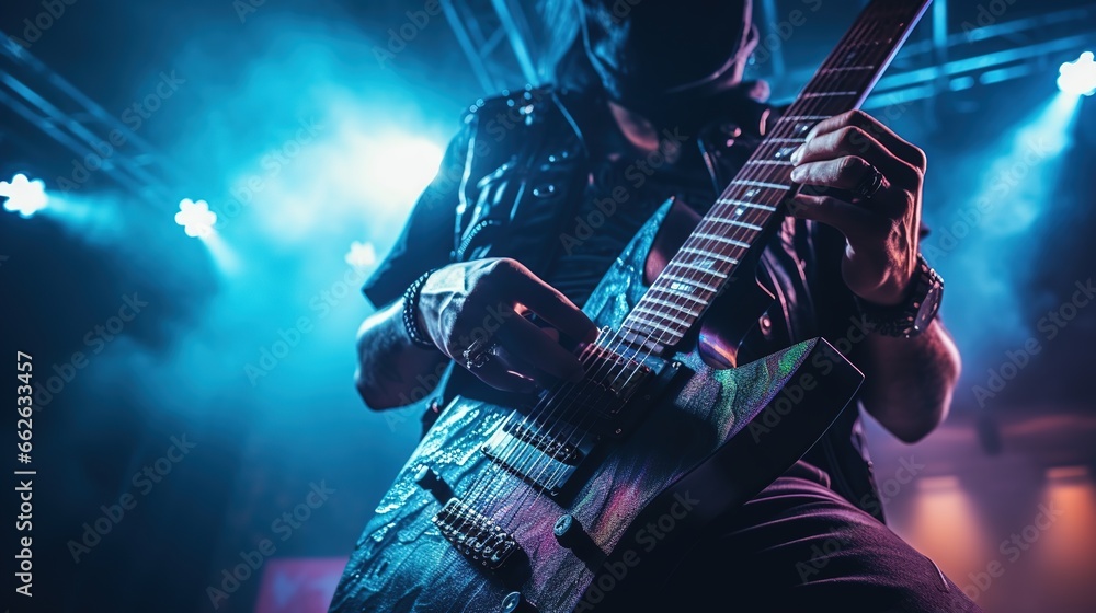 Obraz premium In video game style, musician holding guitar is playing music, concert stage background.