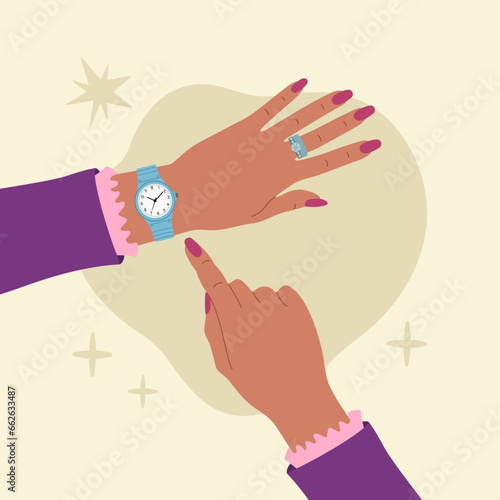 Female hand with wrist watch. Woman with clock checks the time. Hand drawn vector illustration isolated on light background. Modern flat cartoon style.