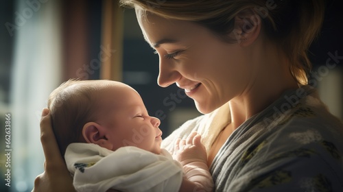 A Family and Children: Close - up of a day - old boy in the arms of his mother in the hospital, a cute smiling baby, a happy mother, a very realistic human profile