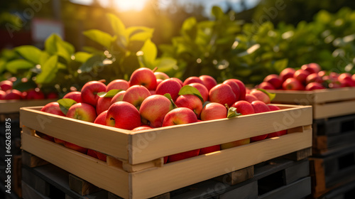 Apples in crates ready for delivery Fresh fruit export concept