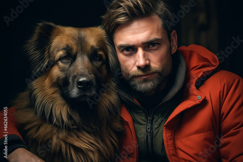 Man with beard and dog in his lap. © valentyn640