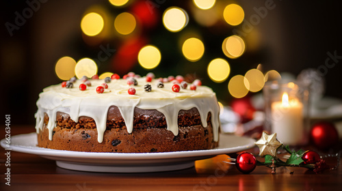 Close up of christmas cake with a blurred bokeh background