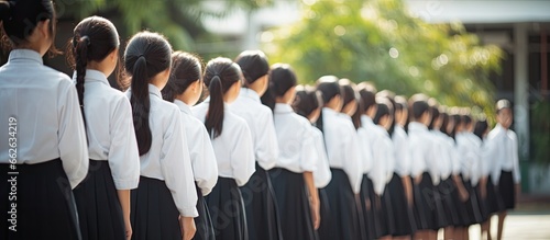 Asian students in Thailand s secondary education system line up in the morning wearing uniforms With copyspace for text