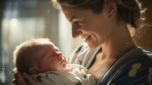 A Family and Children  Close - up of a day - old boy in the arms of his mother in the hospital  a cute smiling baby  a happy mother  a very realistic human profile