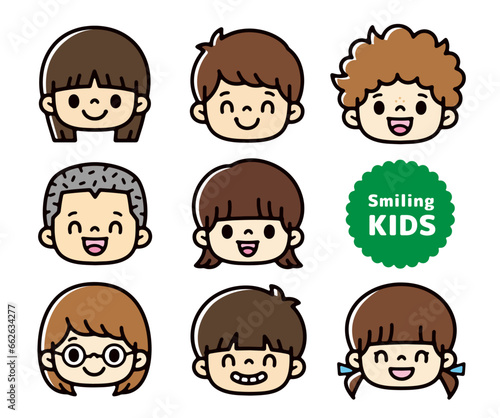 Smiling boy and girl face icon set