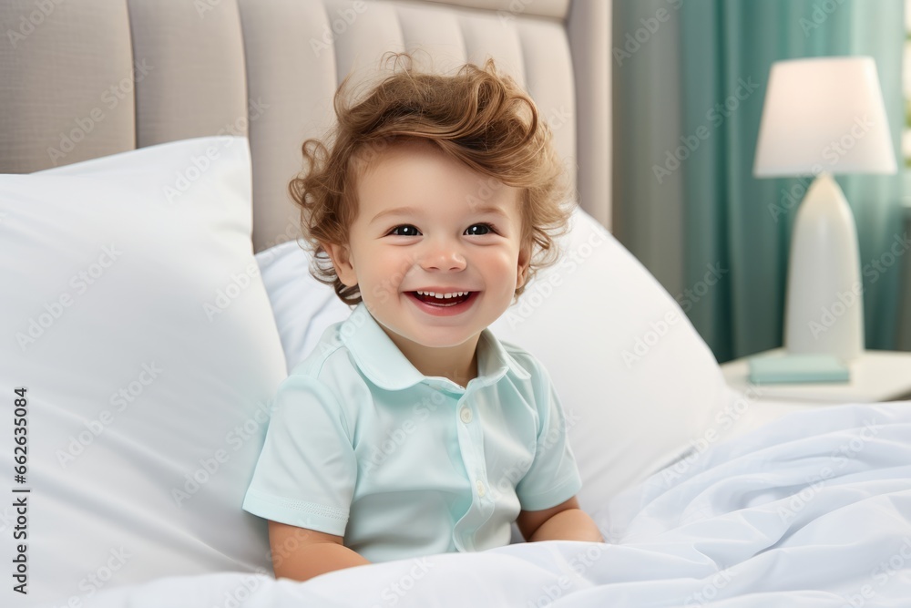 Cute newborn boy in a white cloth lying in a bed in a bright bedroom. Happy baby under blanket Cute newborn boy in a white cloth lying in a bed in a bright bedroom. Happy baby under blanket