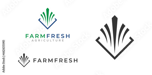 Rice shoots symbol modern agriculture logo design concept in green and blue color