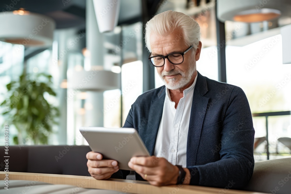 Eldertech Usage - Senior man navigating a modern tablet against a soft-lit backdrop - Bridging the digital age gap - AI Generated Eldertech Usage - Senior man navigating a modern tablet against a soft-lit backdrop - Bridging the digital age gap - AI Generated