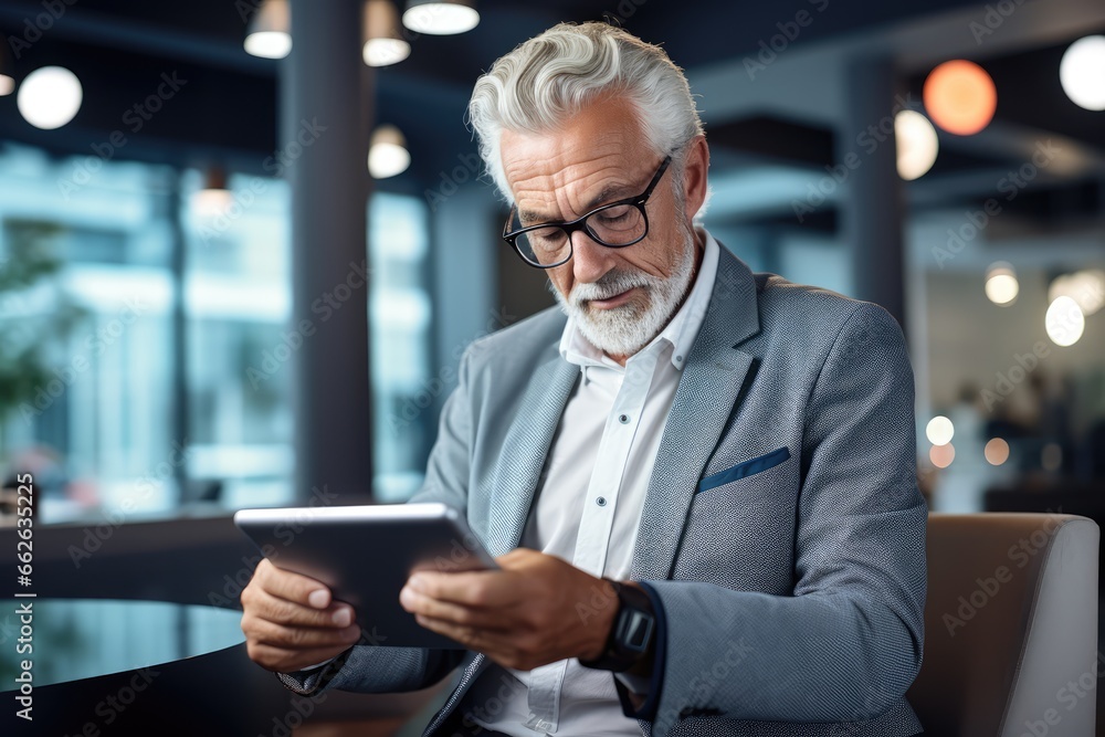 Eldertech Usage - Senior man navigating a modern tablet against a soft-lit backdrop - Bridging the digital age gap - AI Generated Eldertech Usage - Senior man navigating a modern tablet against a soft-lit backdrop - Bridging the digital age gap - AI Generated