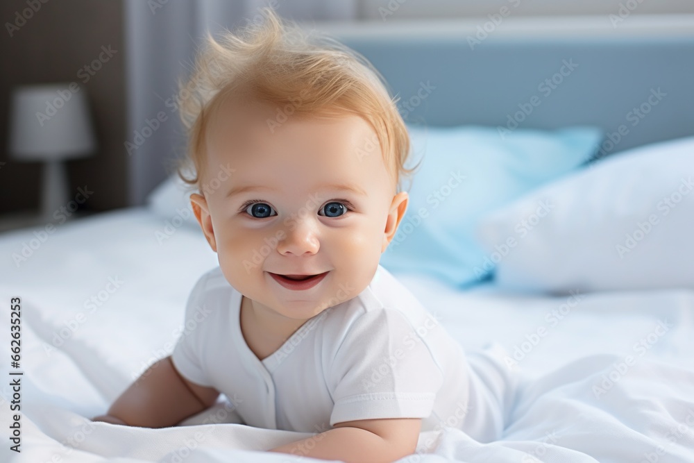 Cute newborn, smiling boy in a white cloth lying in a bed in a bedroom, with a light blue interior. Cute newborn, smiling boy in a white cloth lying in a bed in a bedroom, with a light blue interior.