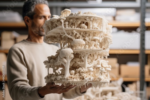 Mycelium Construction - Architect holding a building model made of fungal materials against an innovative workspace - Biodegradable building - AI Generated