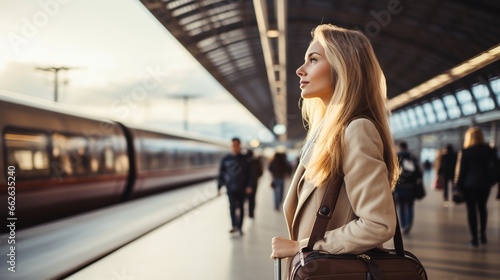 A Transportation and Tourism: Fashionable woman holding a small bag waiting for the high - speed train at the station, modern and comfortable train station full of passenger amenities.