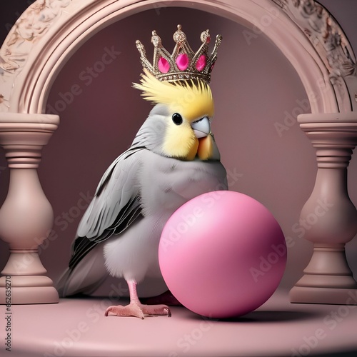 A cockatiel as a princess  with a regal crown and a pink ball gown2