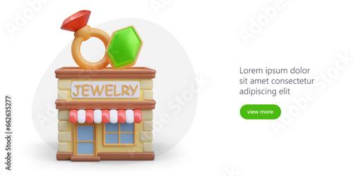 Jewelry store. 3D shop with decorative ring and green crystal. Text sign in English. Cute advertisement of jewelry store, jeweler services. Commercial social media template