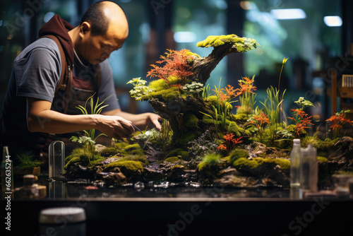 Aquascaping Artistry - Person designing a lush aquatic plant landscape in a fish tank - Underwater garden creativity - AI Generated photo
