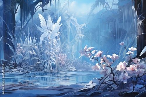 Graceful frost faeries  creating intricate ice sculptures in frozen landscapes - Generative AI