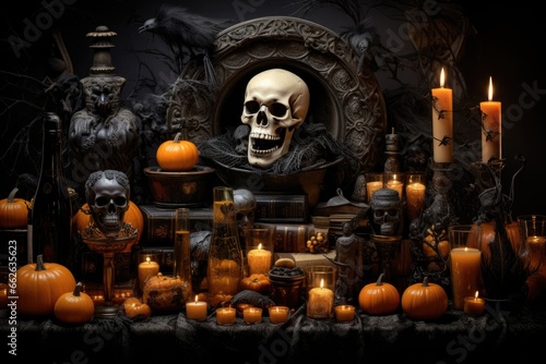 Halloween table setting with decorations, pumpkins, glasses and plates.