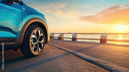 Car on the beach at sunset. Concept of travel and vacation