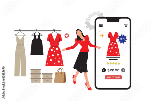 Online shopping concept. Woman choosing clothes on smartphone screen. Vector illustration