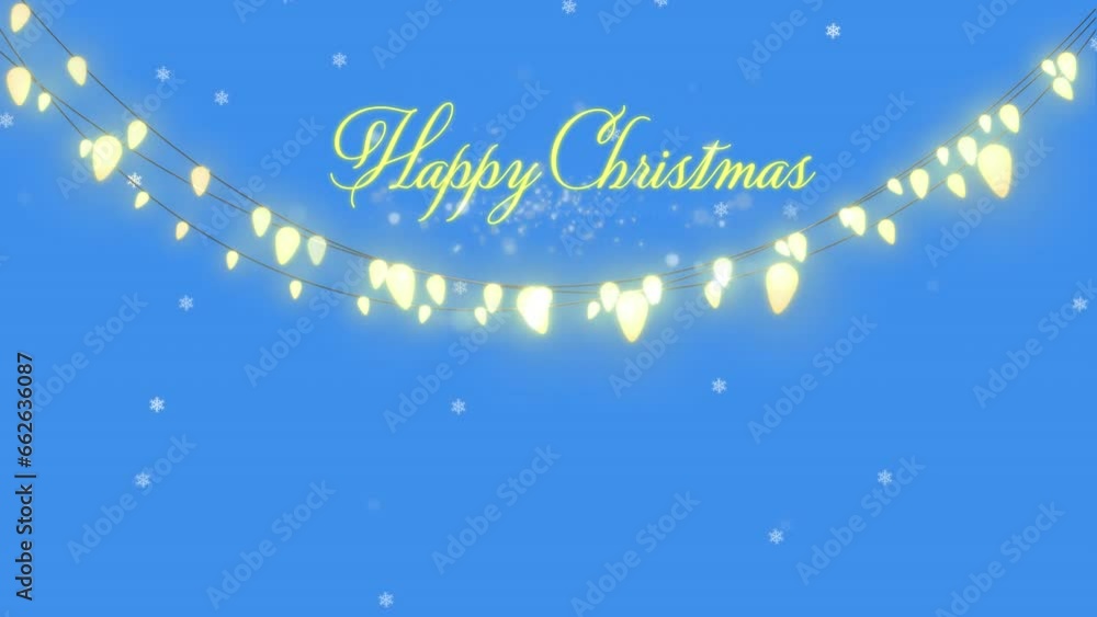 Animation of white particles over happy chritmas text and fairy lights against blue background