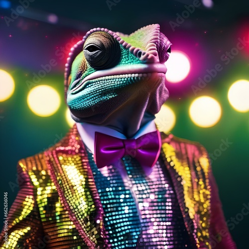 A chameleon in a disco costume, with a sparkling outfit and a disco ball1 photo